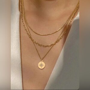 Gold Plated Stainless Steel 3pc Disc Pendant Chain Necklace